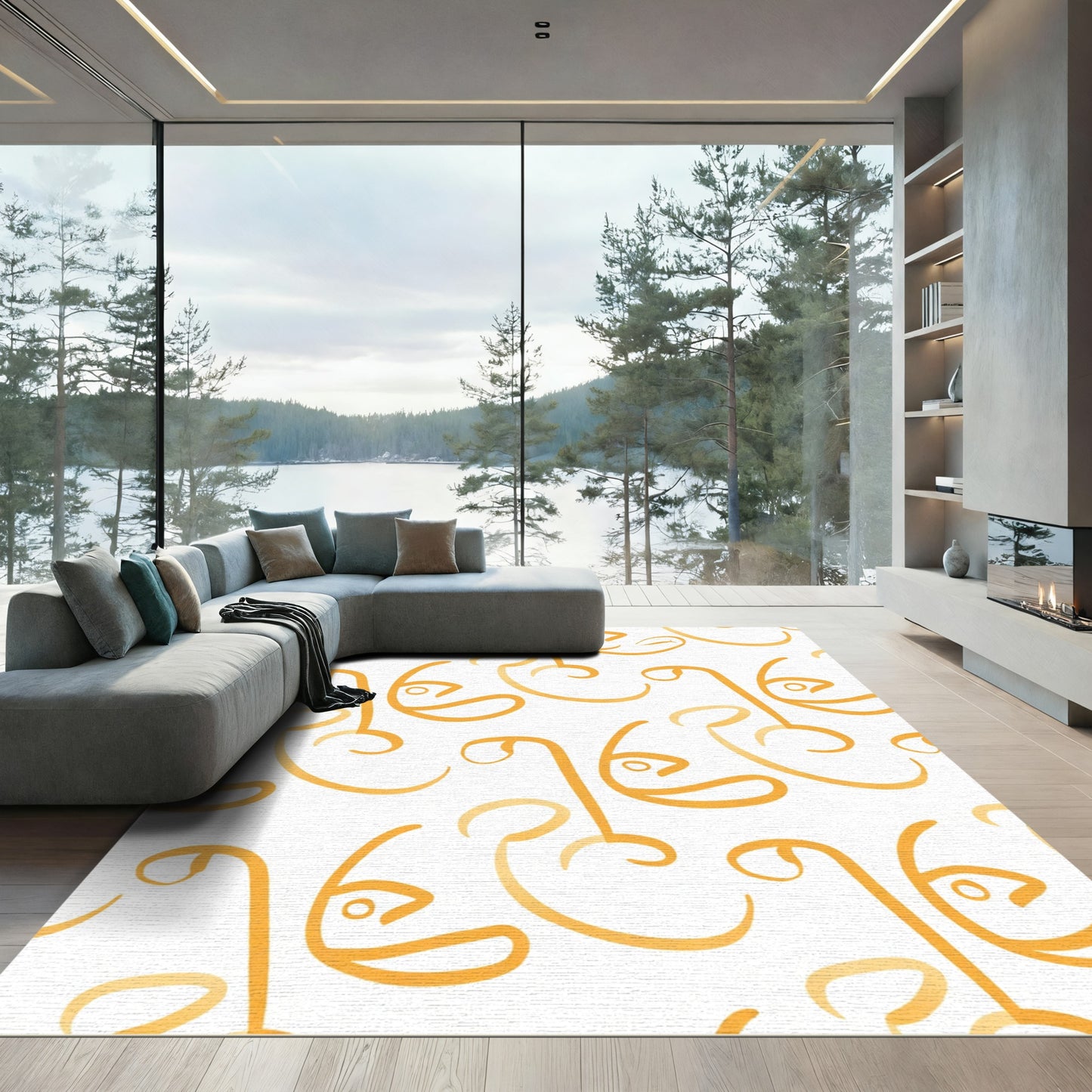 Golden Abstract Face Outline Rug