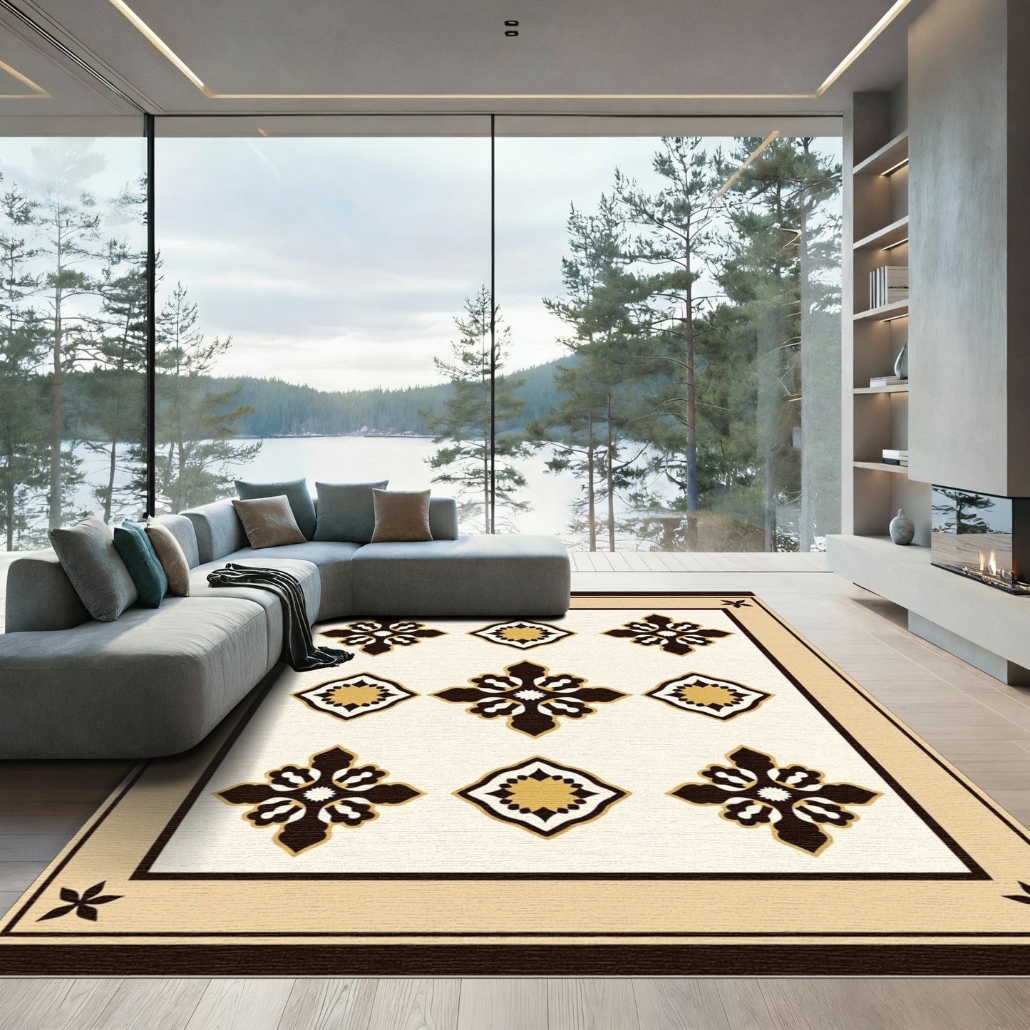 Cream Black Gold Quatrefoil Medallion Rug