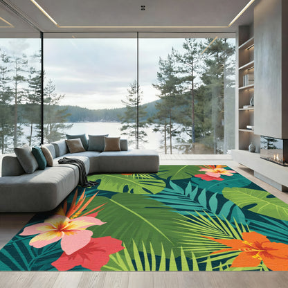 Vibrant Tropical Hibiscus Leaf Arrangement Rug