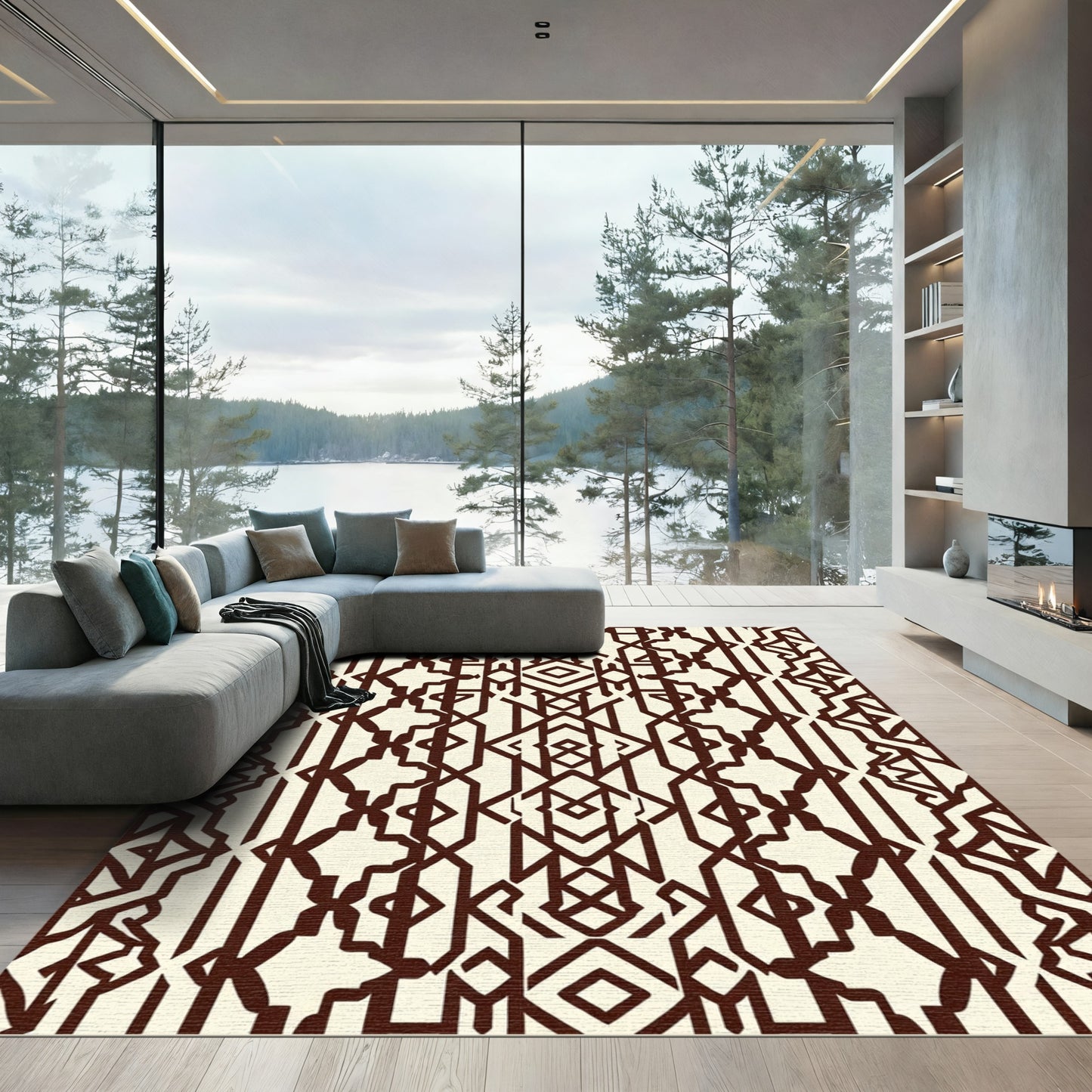 Cream And Dark Brown Geometric Lines Rug