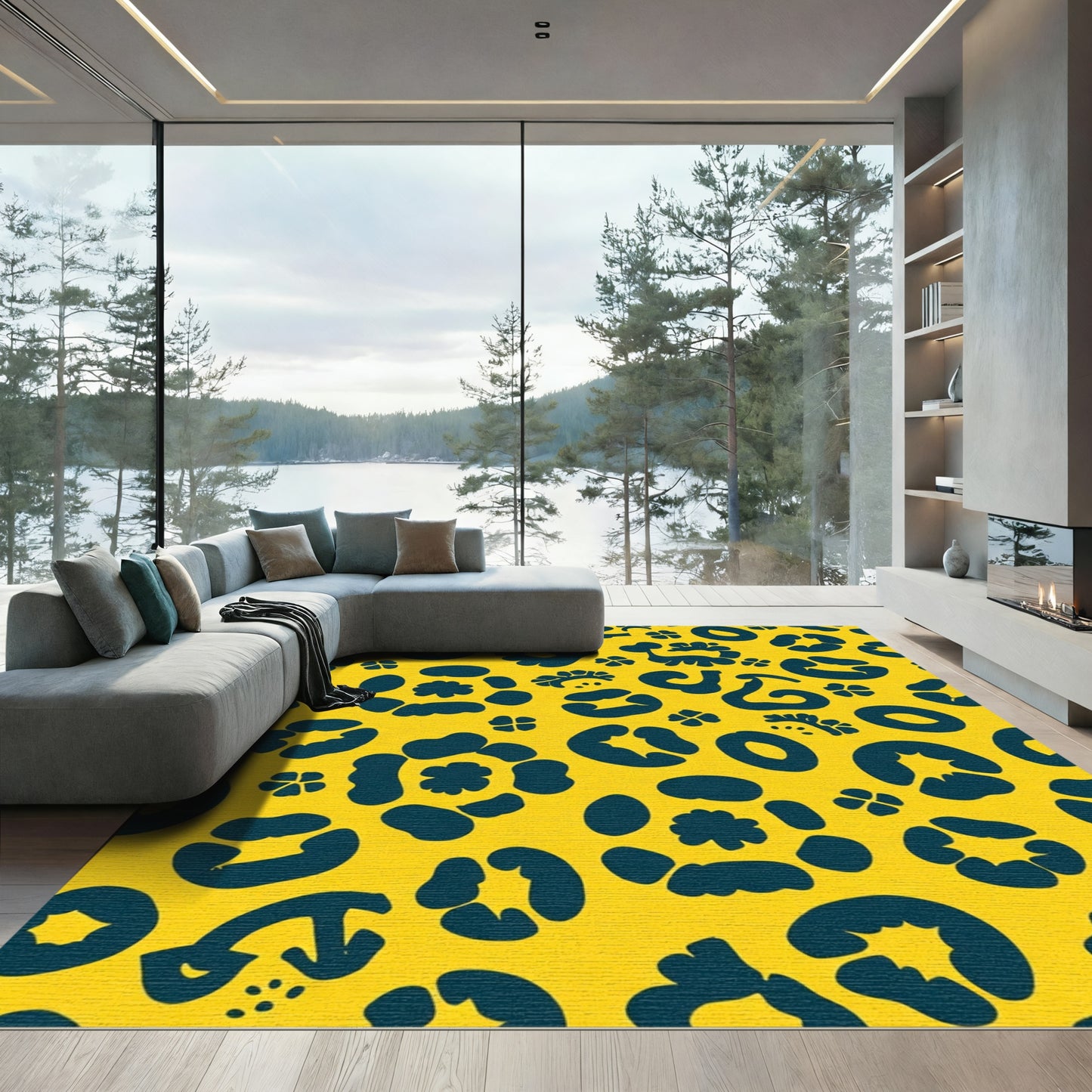 Bold Teal Leopard Spots Yellow Rug
