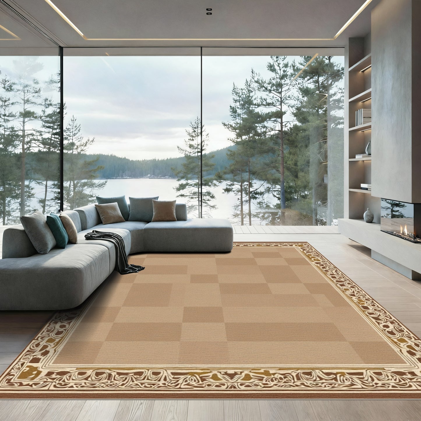 Earthy Tones Woven Scroll Border Rug
