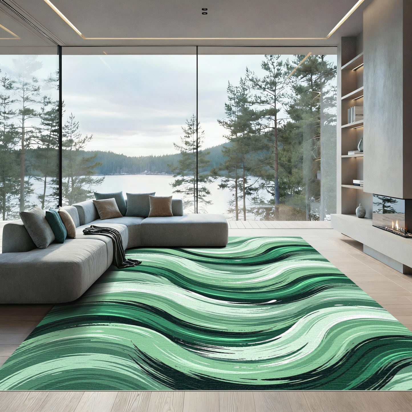 Deep Emerald Brushstroke Wave Rug