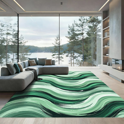 Deep Emerald Brushstroke Wave Rug