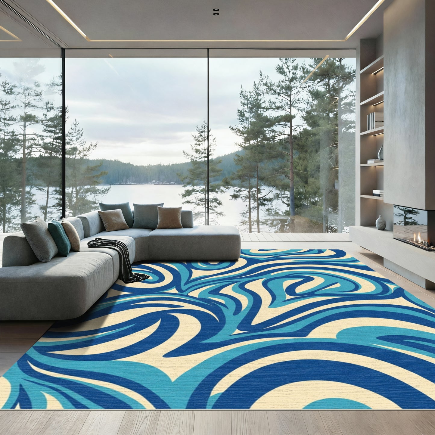 Flowing Blue Cream Abstract Swirls Rug