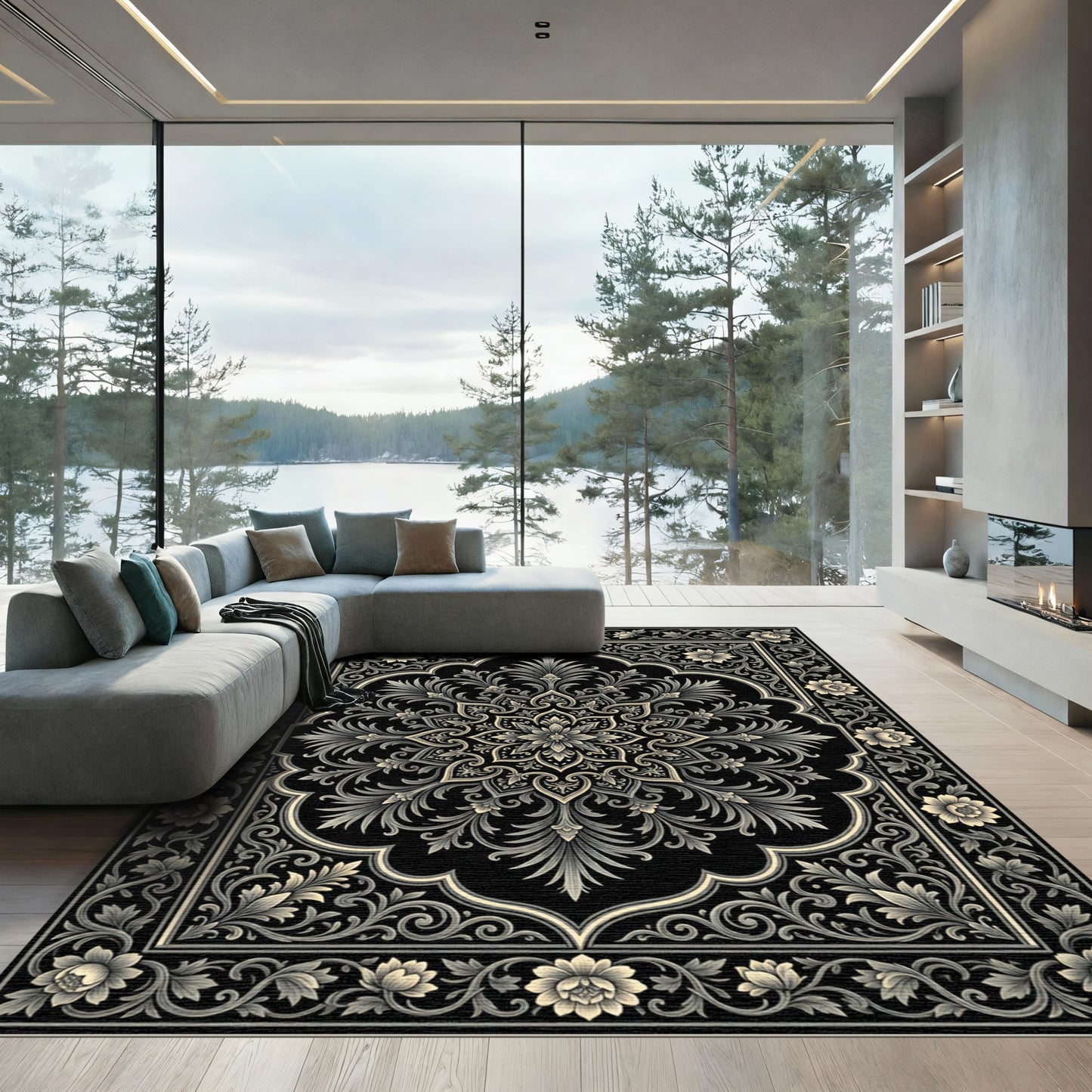 Ornate Black Floral Medallion Rug