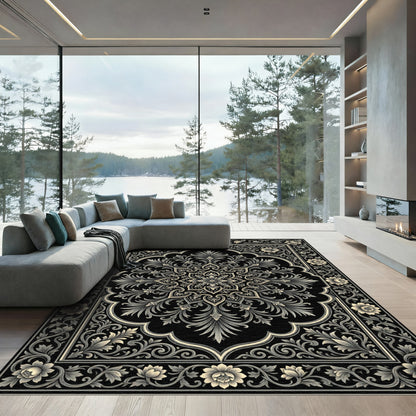 Ornate Black Floral Medallion Rug