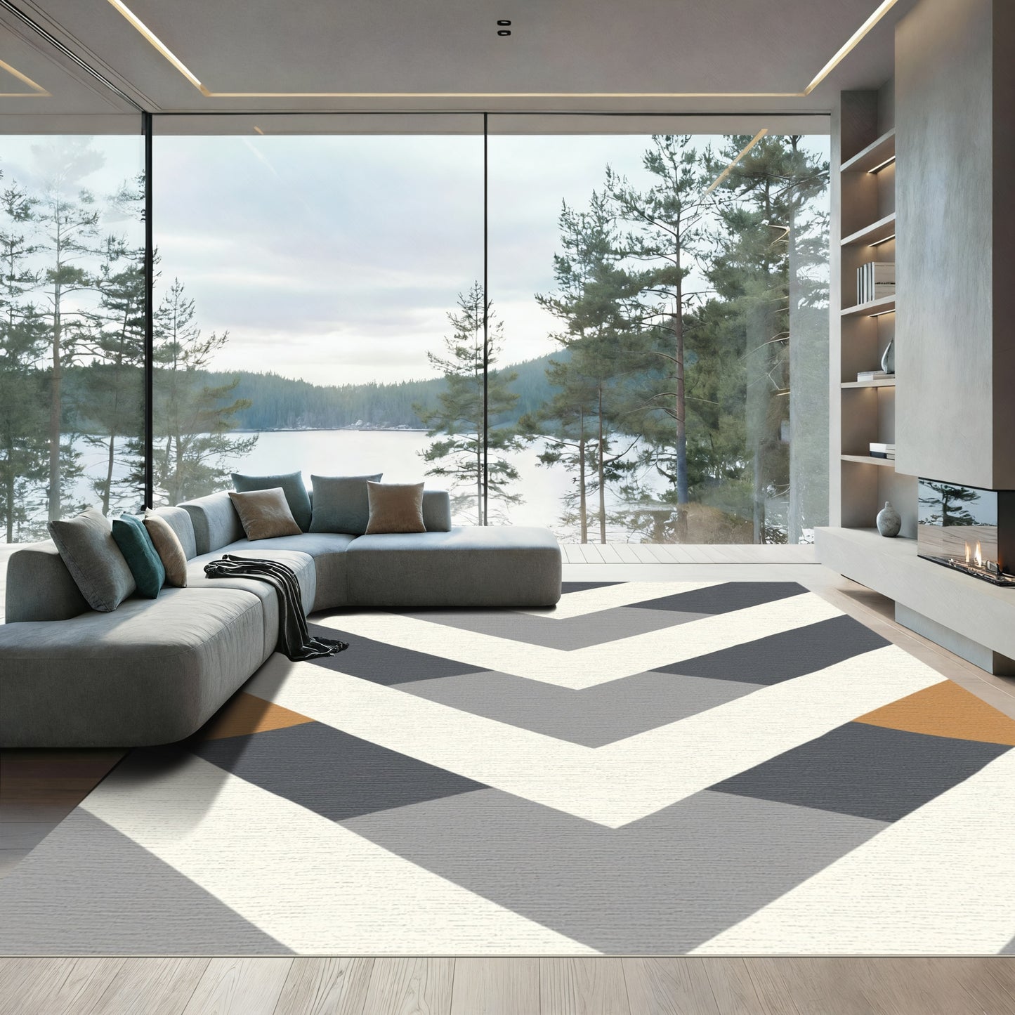 Chevron Gray Gold White Geometric Accents Rug