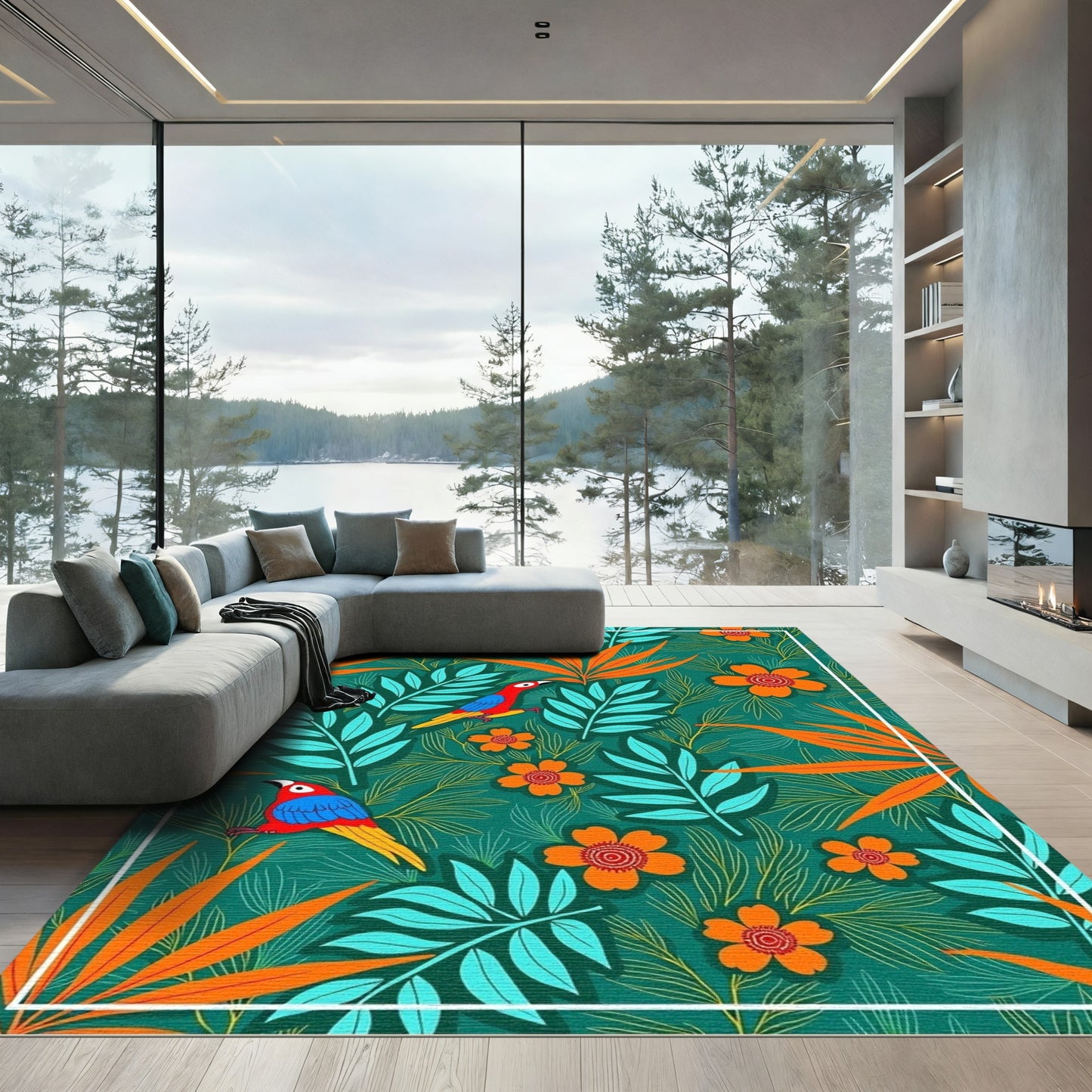 Tropical Parrots Orange Flower Foliage Rug