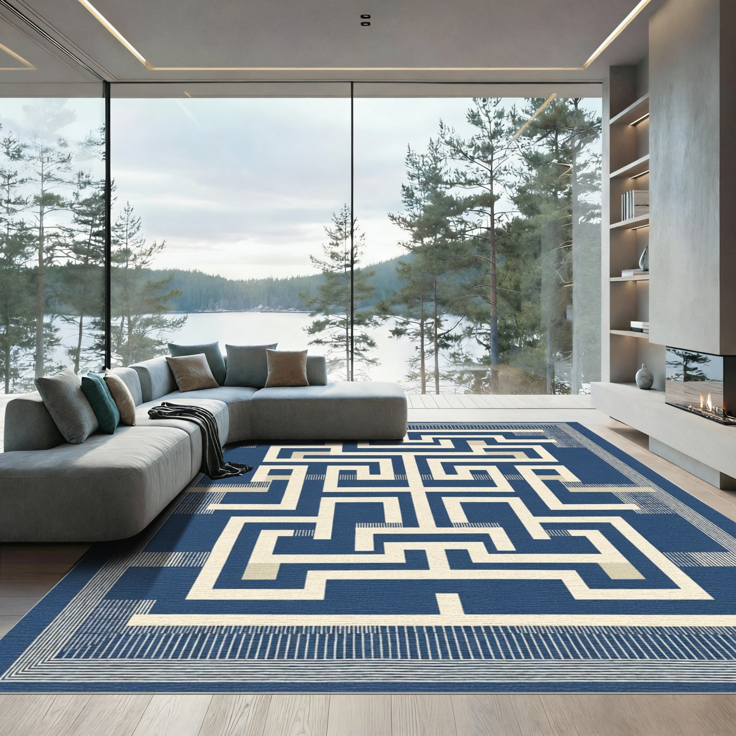 Navajo Blue Interlocking Labyrinth Rug