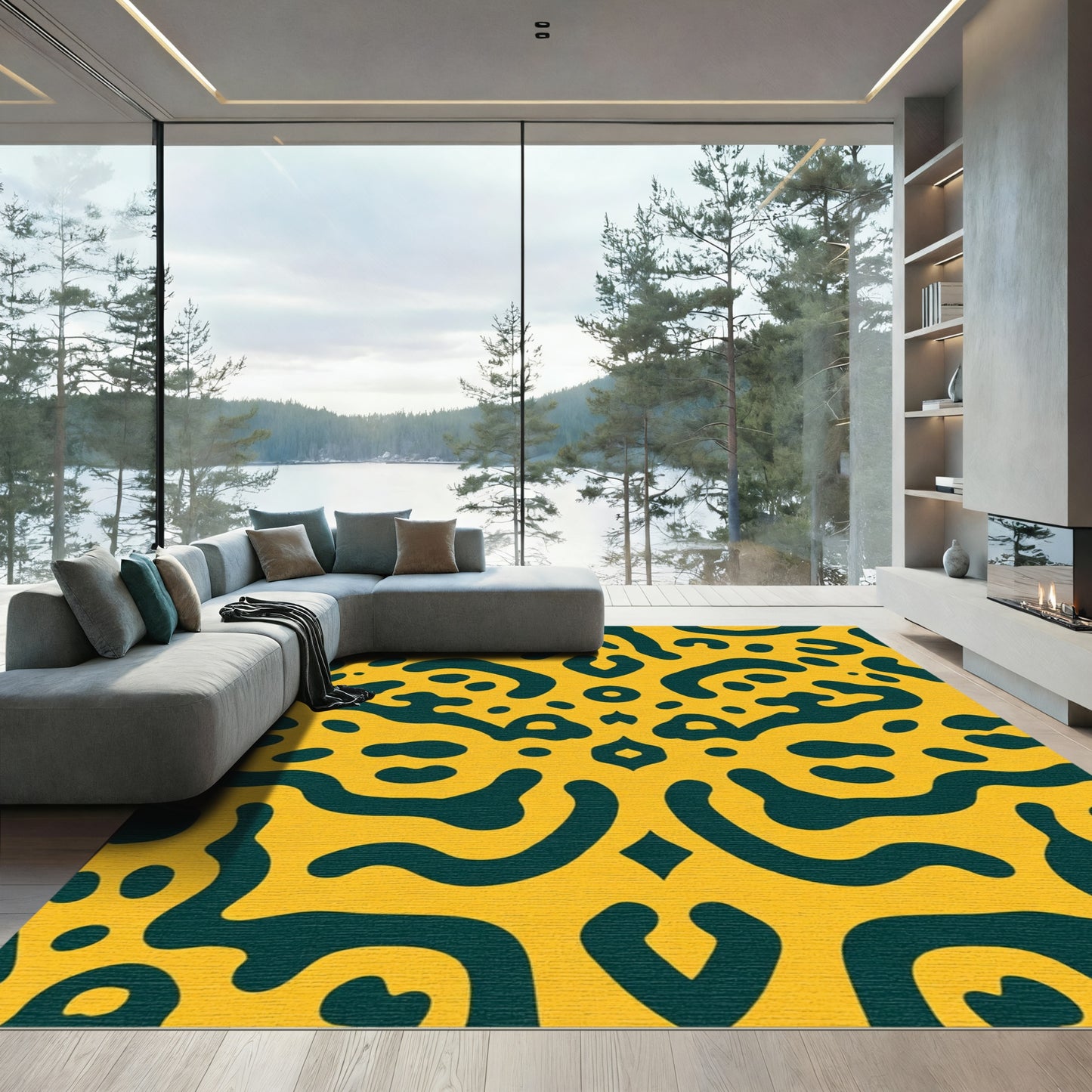 Yellow Teal Organic Abstract Collage Rug