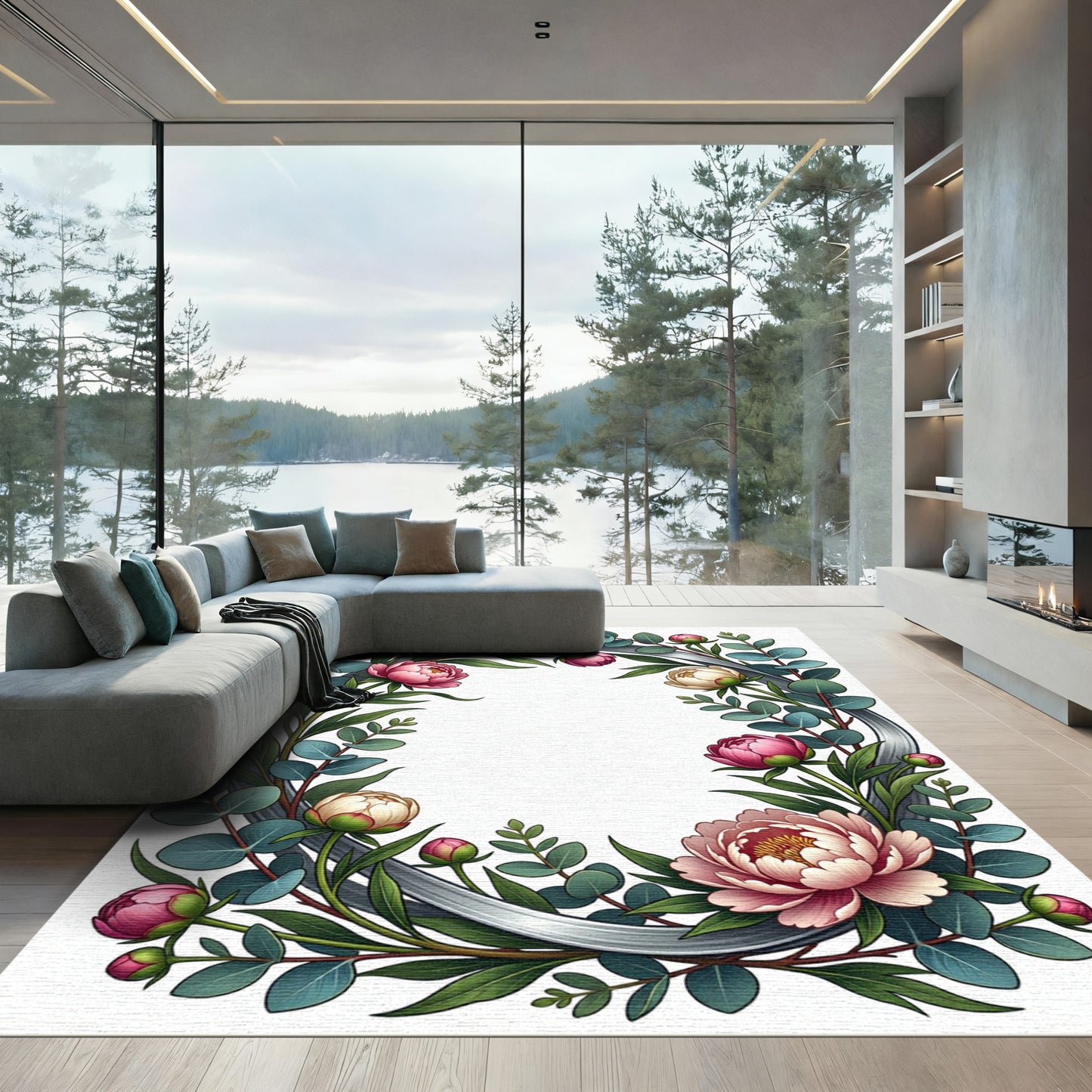 Pink White Peony Eucalyptus Wreath Rug