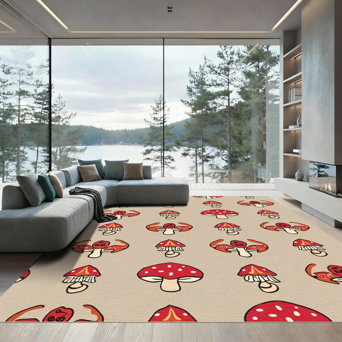 Red Mushroom Forest Folk Art Rug