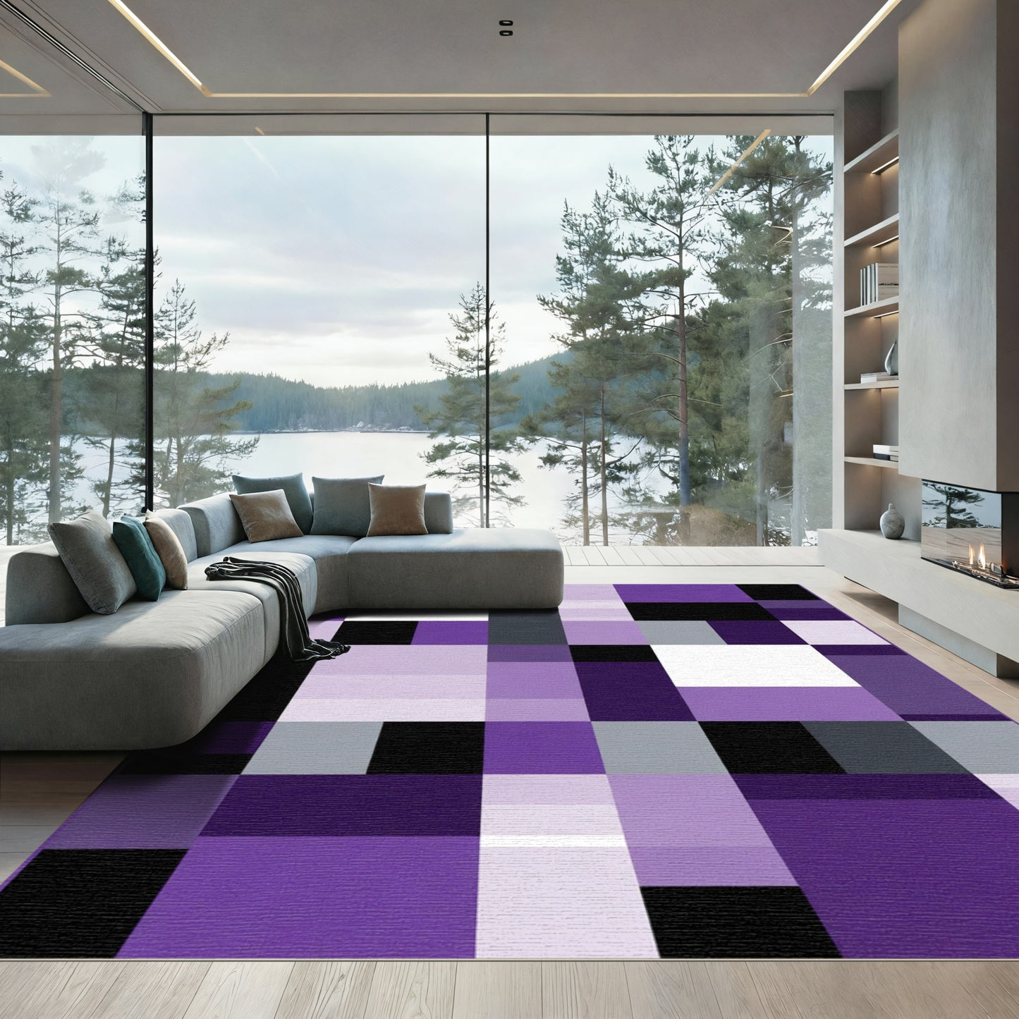Geometric Purple and Gray Squares Rug