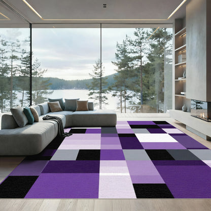 Geometric Purple and Gray Squares Rug