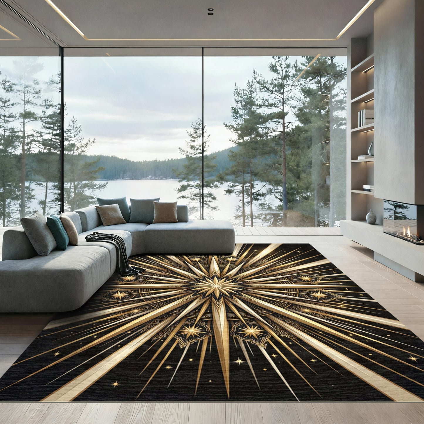 Radiant Golden Starburst Ornate Medallion Rug