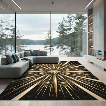 Radiant Golden Starburst Ornate Medallion Rug
