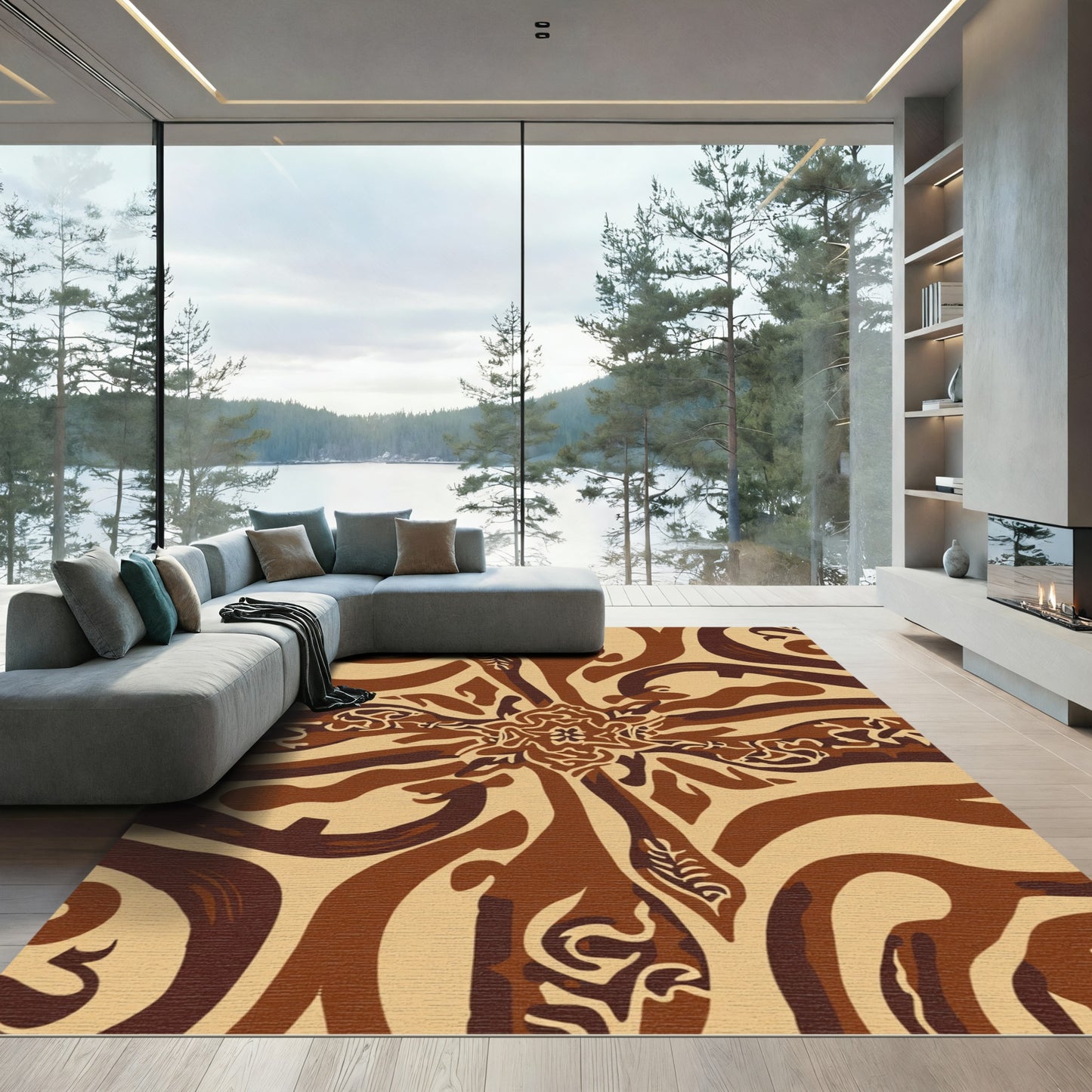Brown Beige Abstract Botanical Swirl Rug
