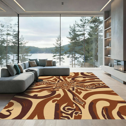 Brown Beige Abstract Botanical Swirl Rug
