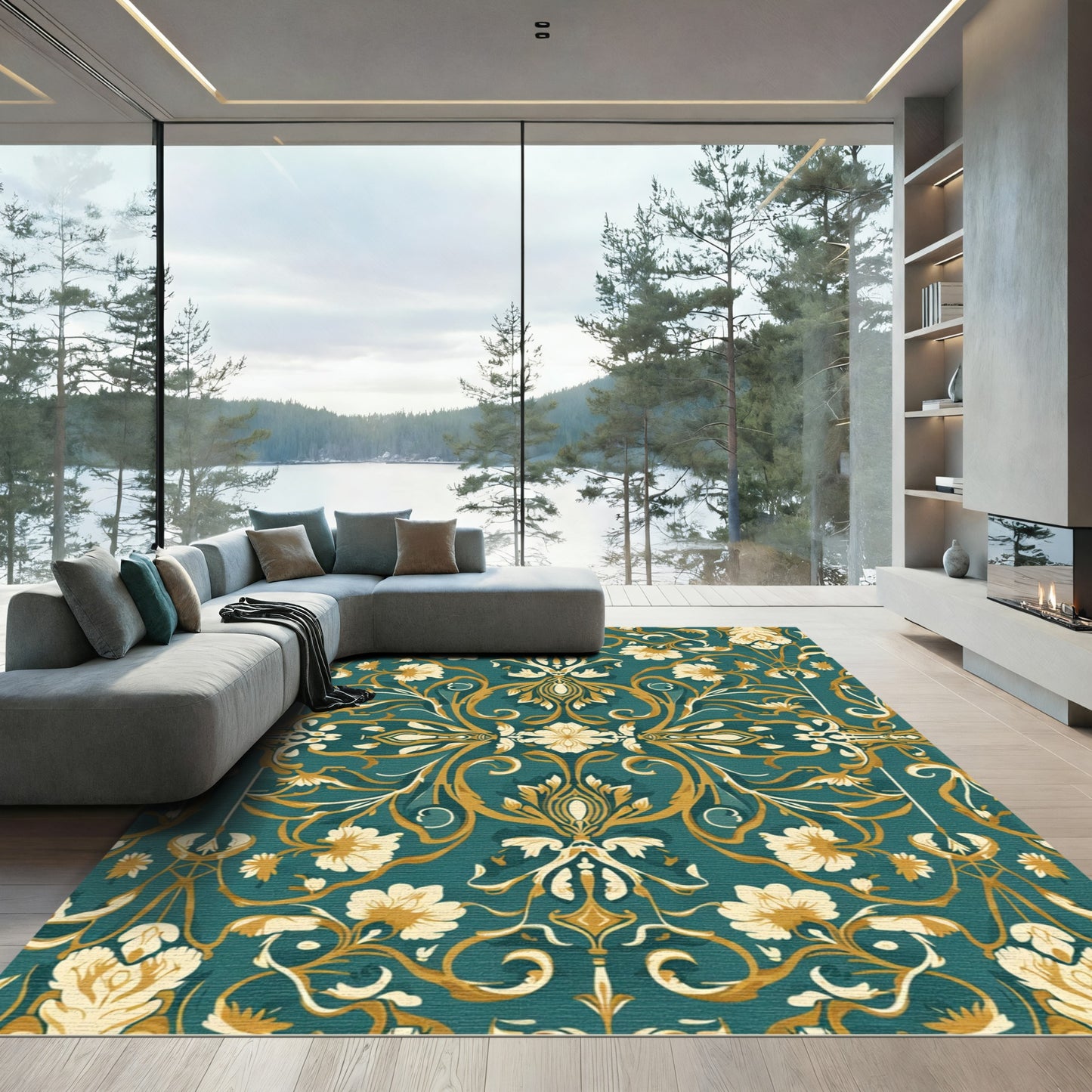 Deep Teal Floral Flourish Ornament Rug