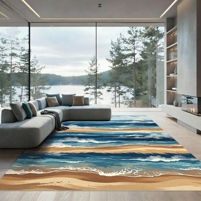 Oceanic Blue Sandy Horizon Waves Rug