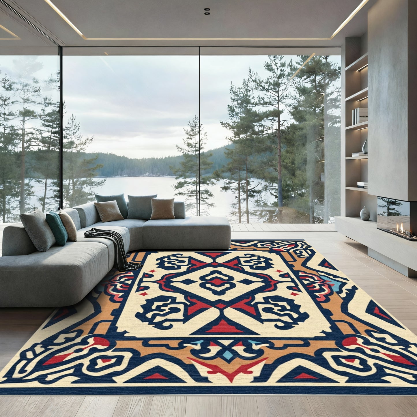 Crimson Navy Golden Medallion Border Rug
