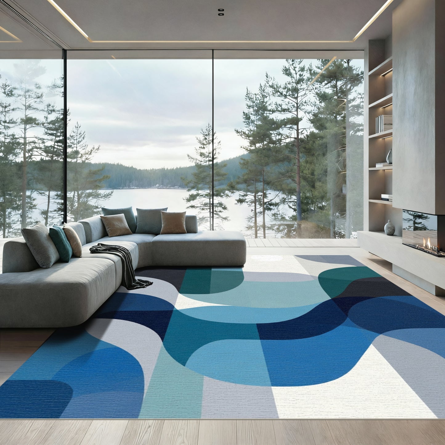 Modern Teal Blue Abstract Waves Rug