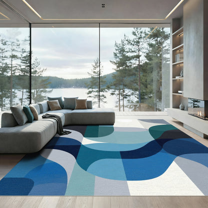 Modern Teal Blue Abstract Waves Rug