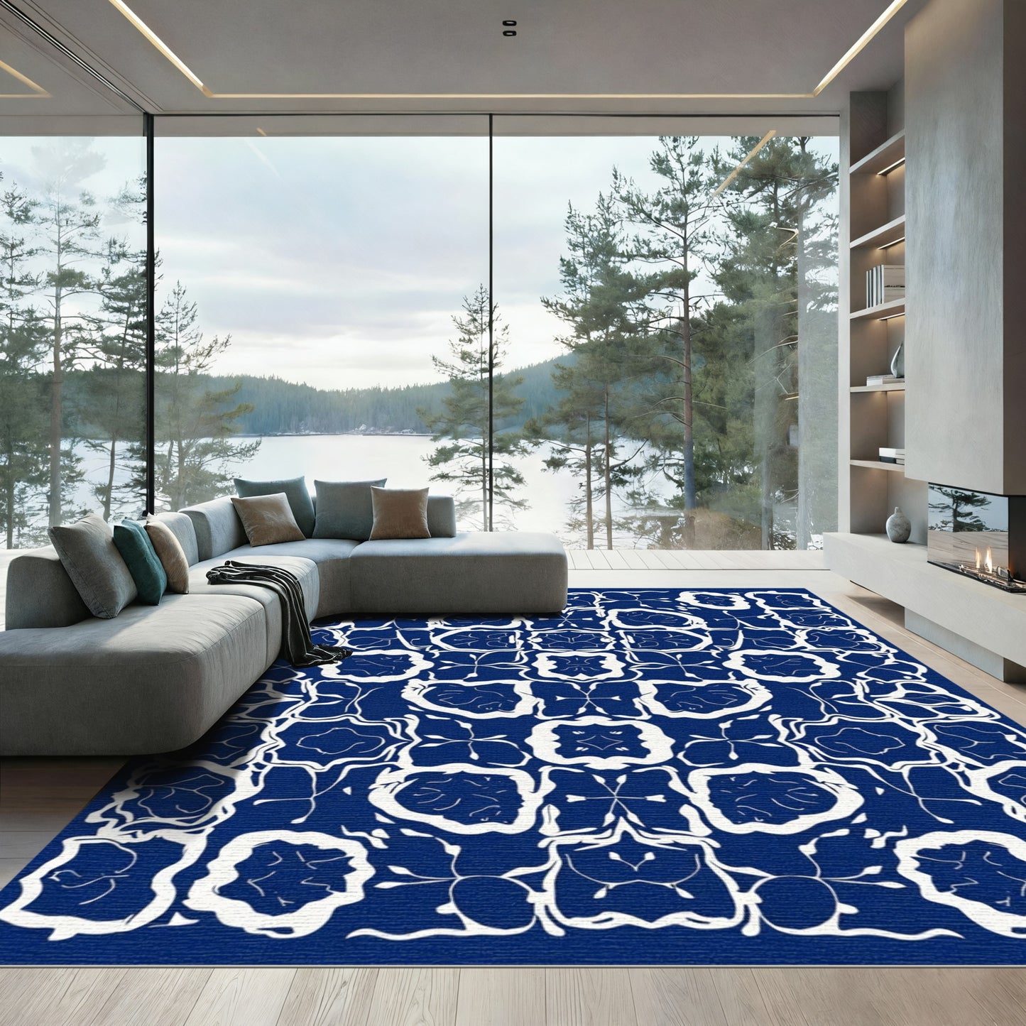 Indigo White Organic Tile Medallion Rug