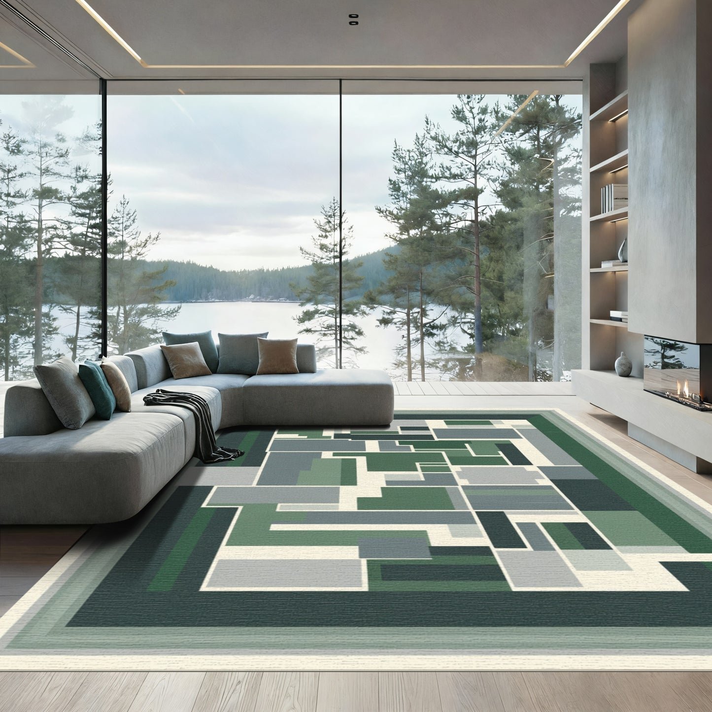 Modern Green Gray Geometric Blocks Rug