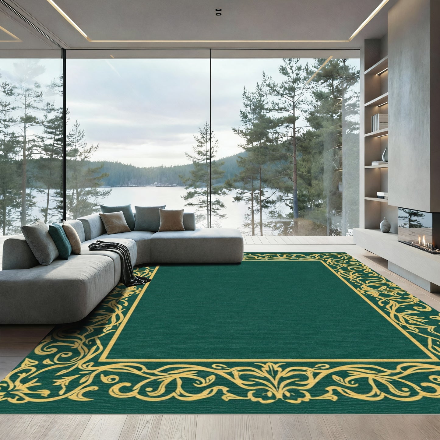 Ornate Gold Vine Border Emerald Center Rug