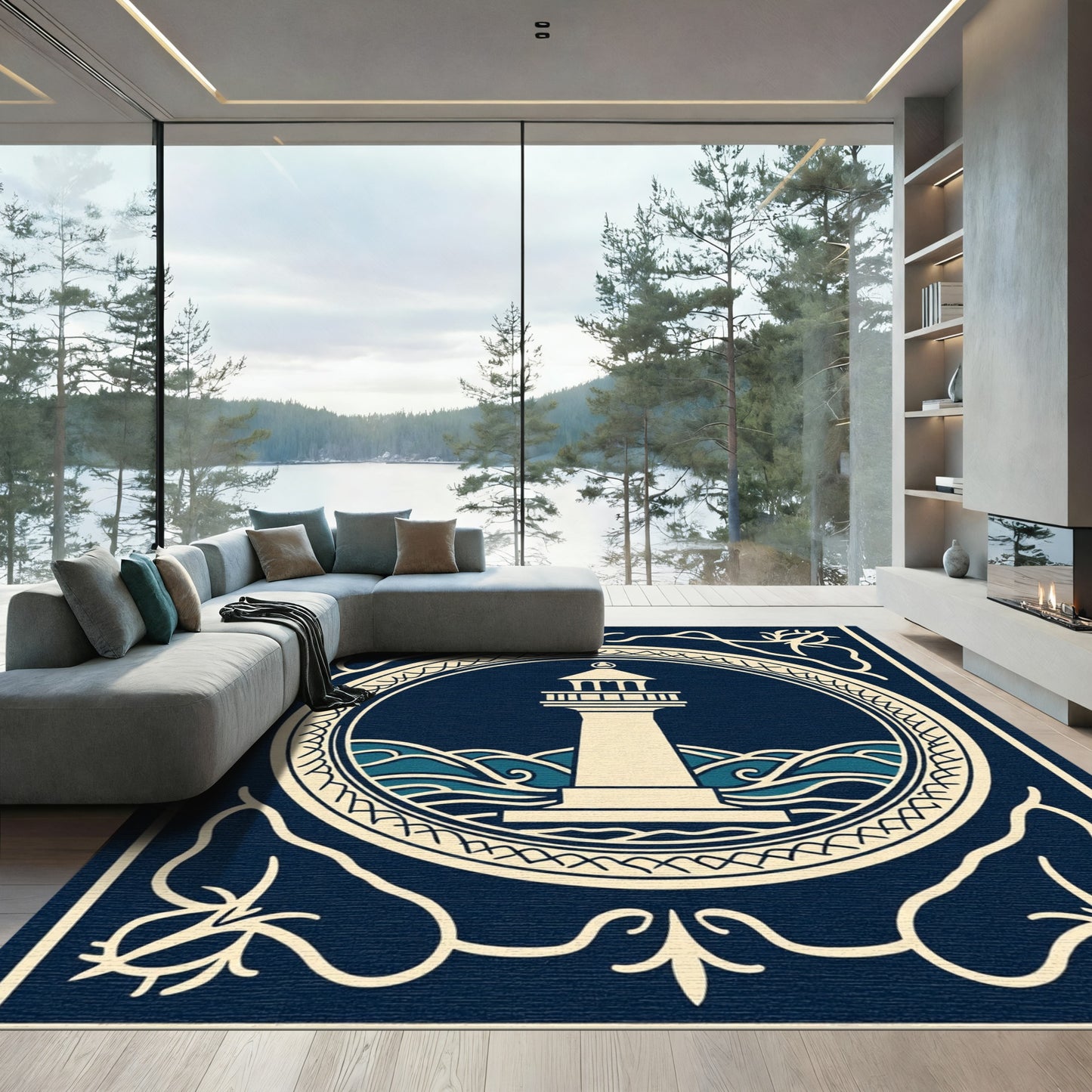 Nautical Lighthouse Ocean Waves Emblem Rug
