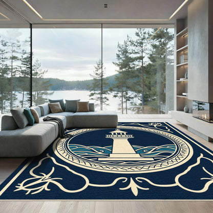 Nautical Lighthouse Ocean Waves Emblem Rug
