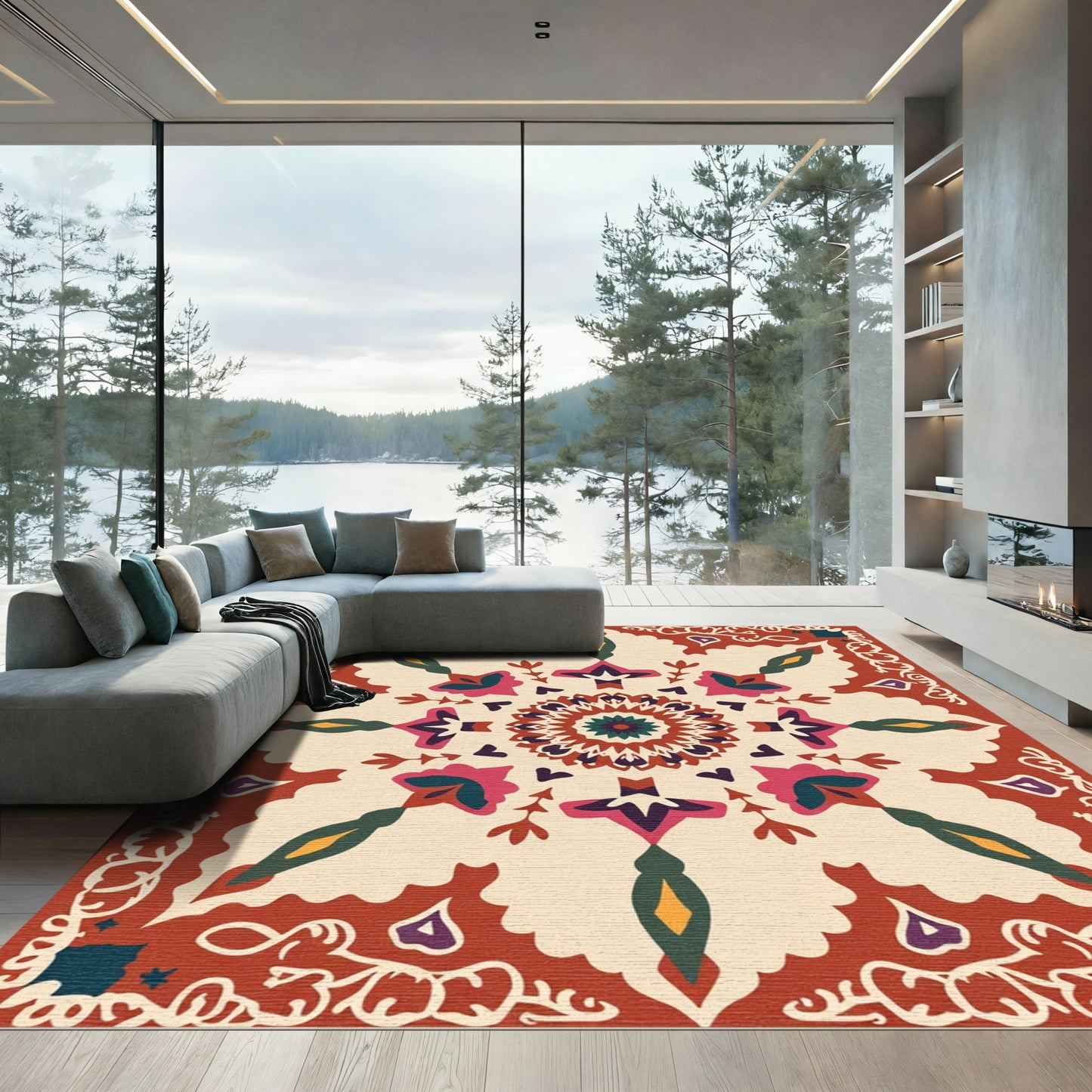 Terracotta Teal Floral Medallion Mandala Rug