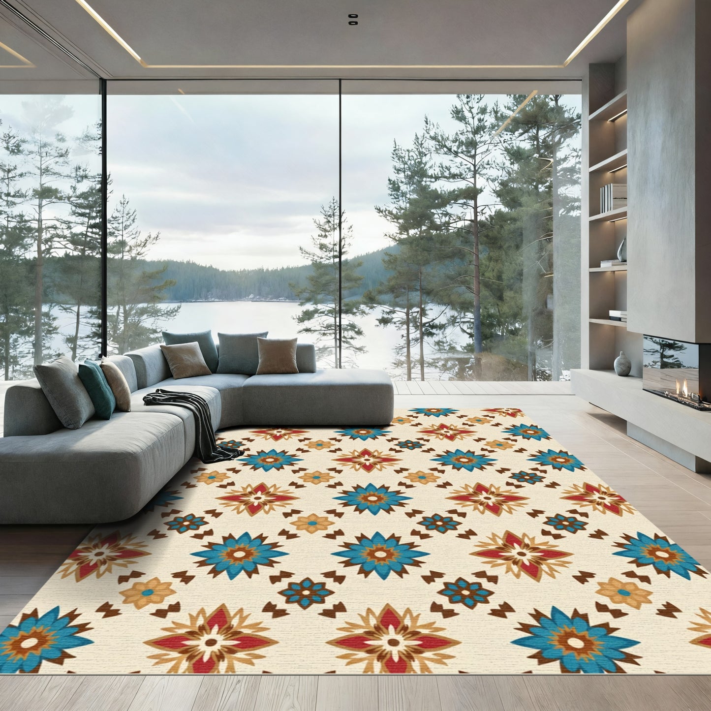 Azure Red Brown Floral Lattice Rug