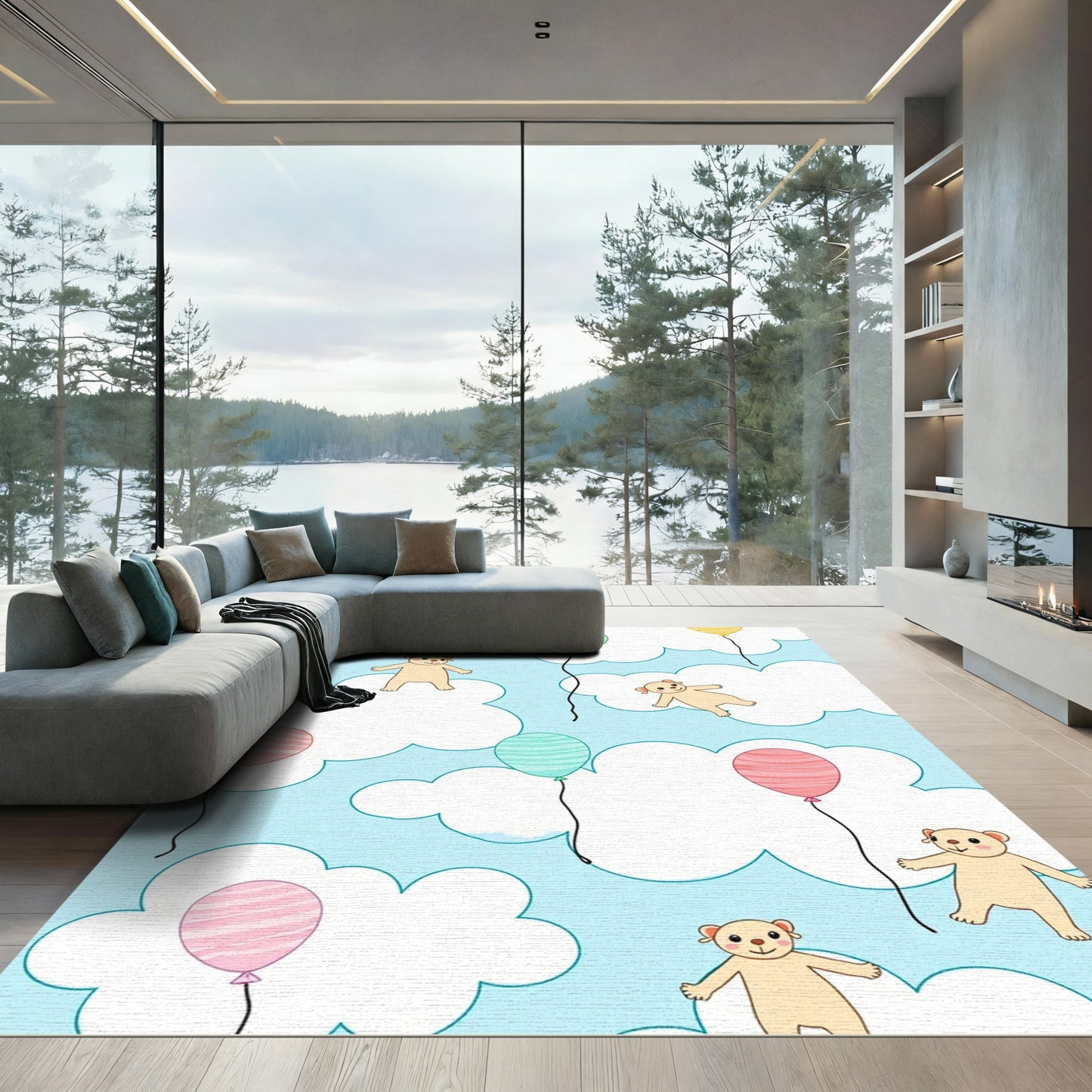 Playful Bears Floating Among Colorful Balloons Rug