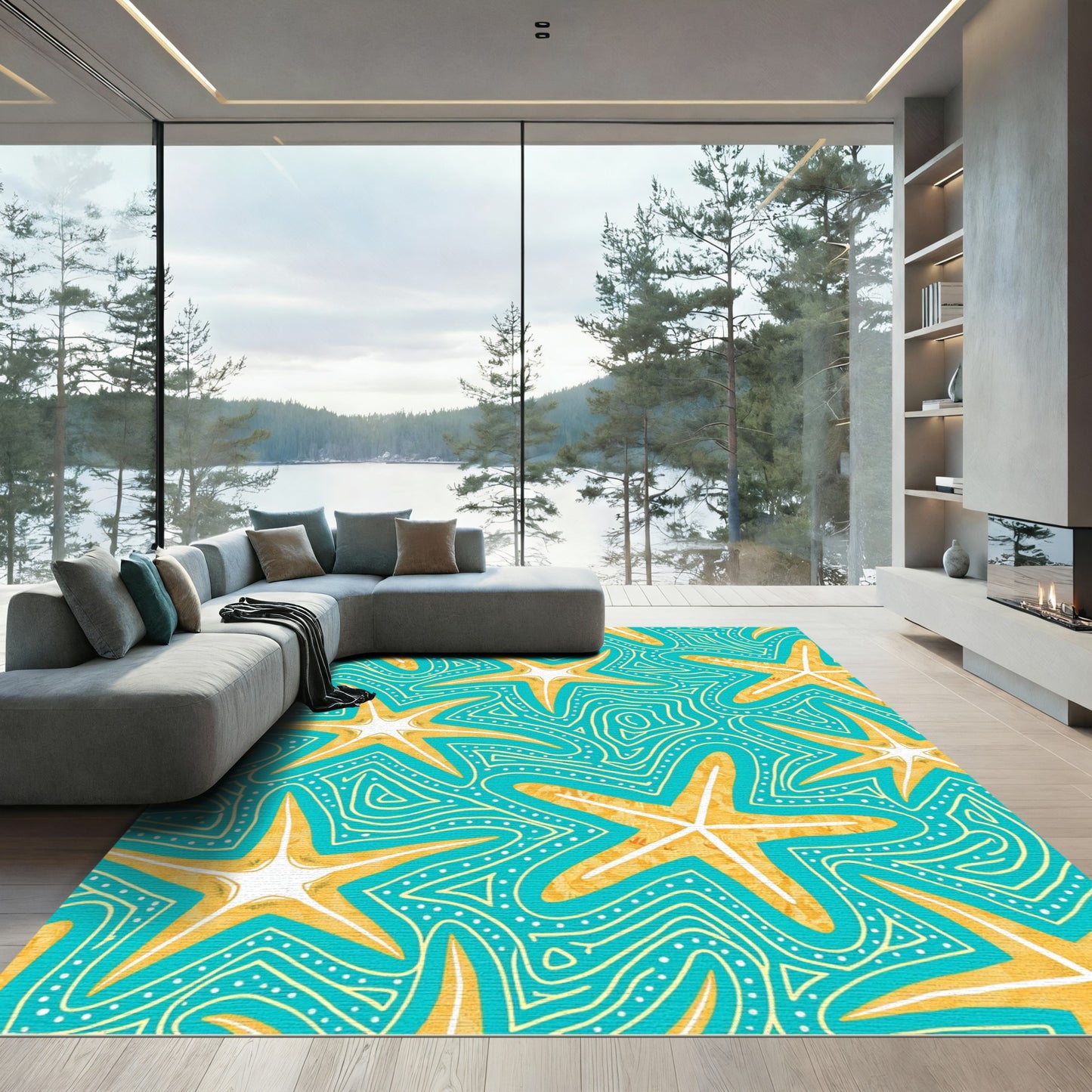 Turquoise Yellow Starfish Swirl Rug