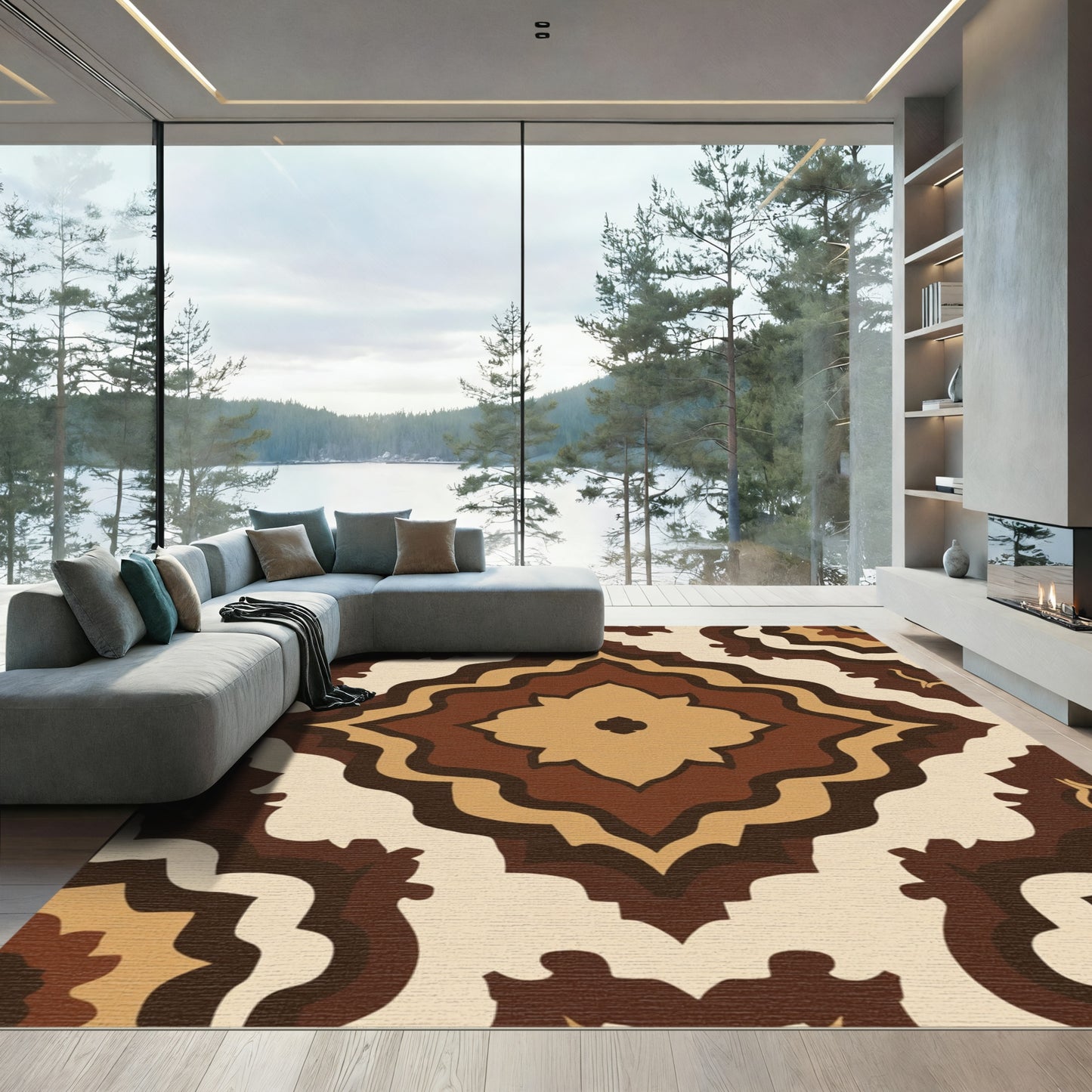 Earthy Brown Layered Medallion Rug