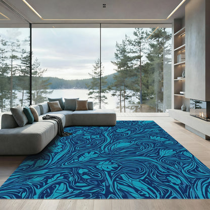 Deep Blue Ocean Swirl Floral Rug