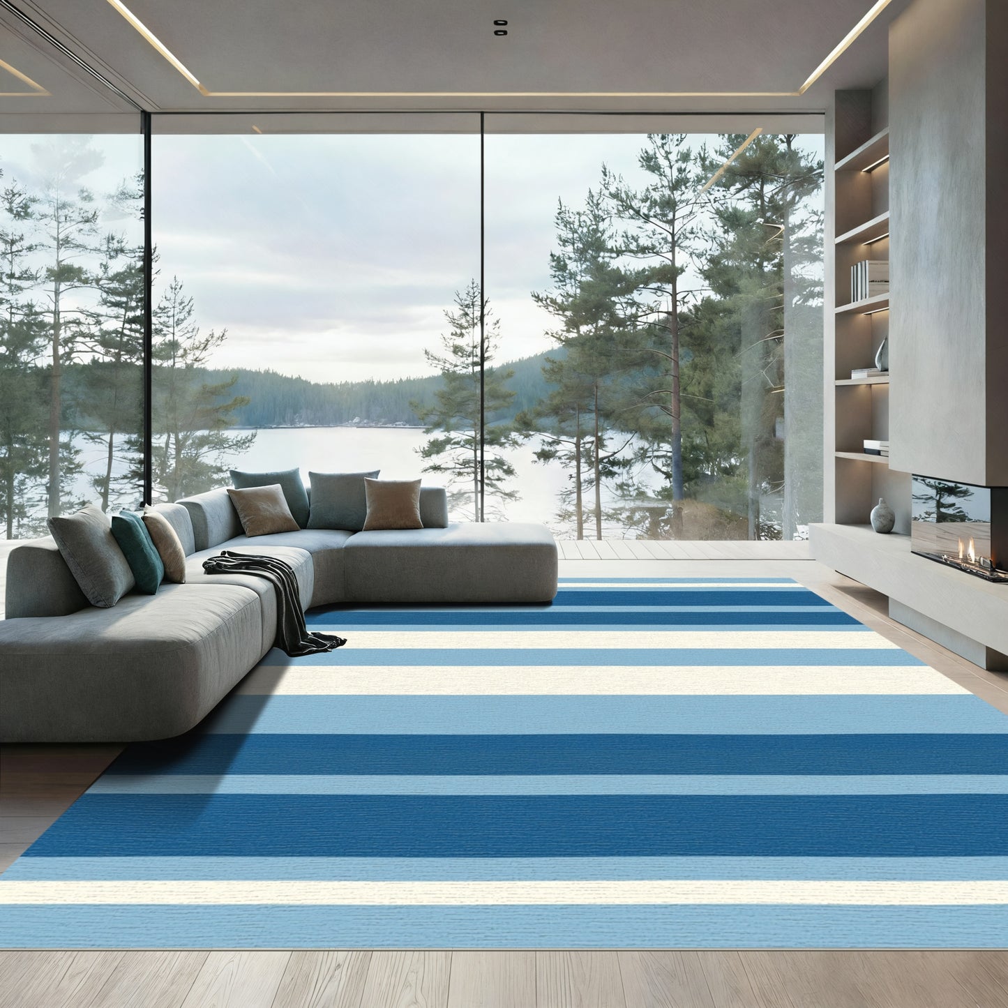 Navy Sky Blue Cream Stripe Rug