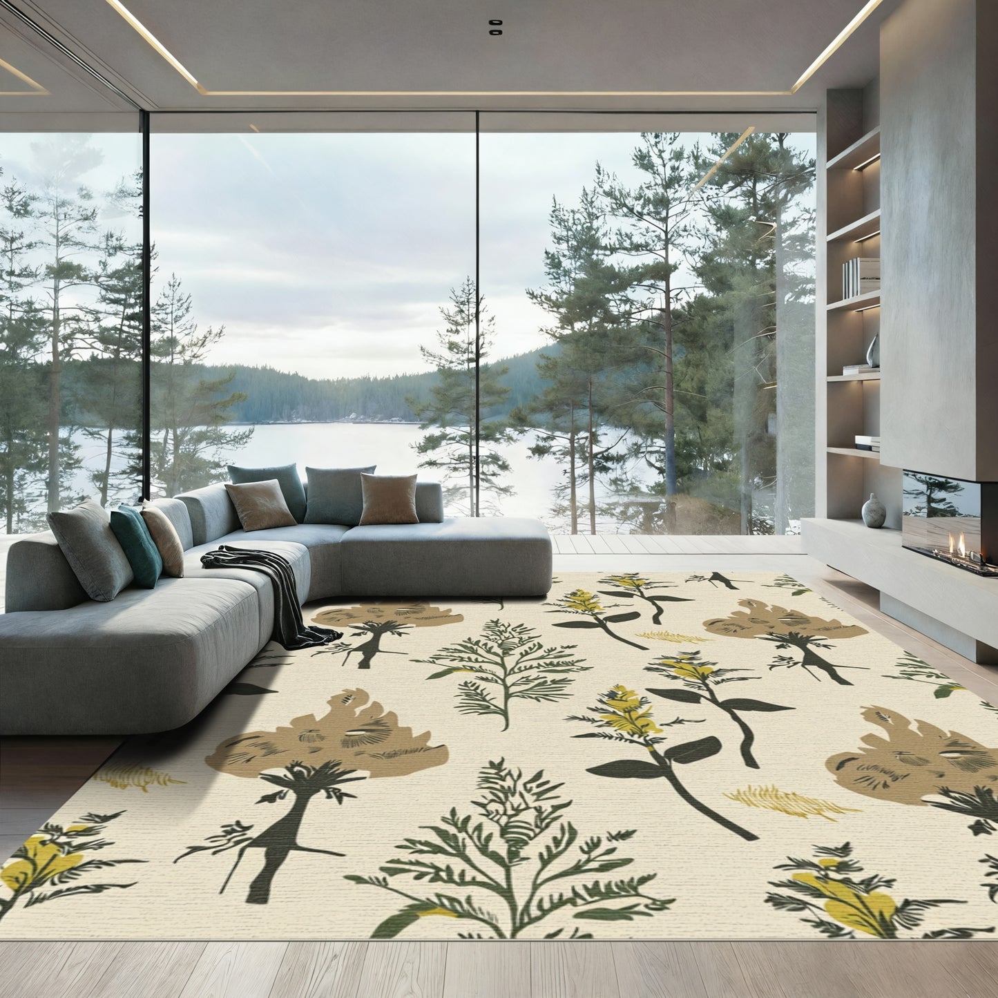 Earthy Sage Green Botanical Bloom Rug