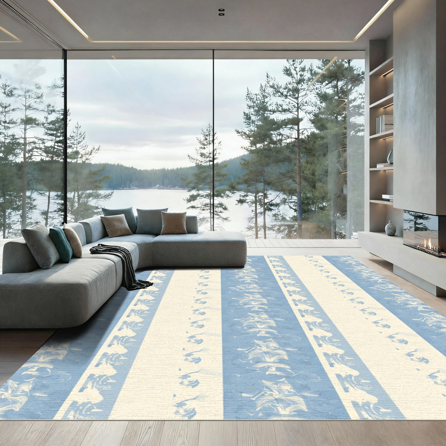 Pale Blue Ivory Botanical Stripe Rug