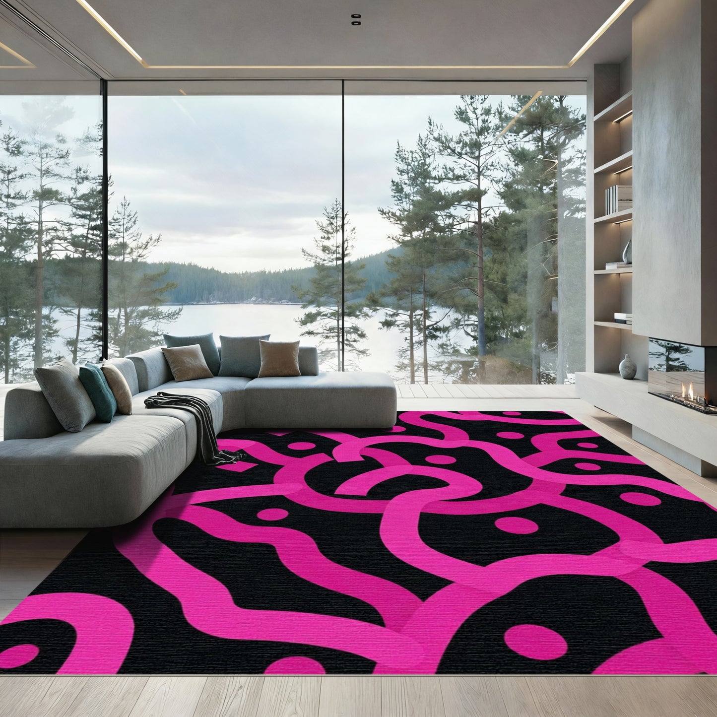 Vibrant Pink Swirls Black Dots Rug