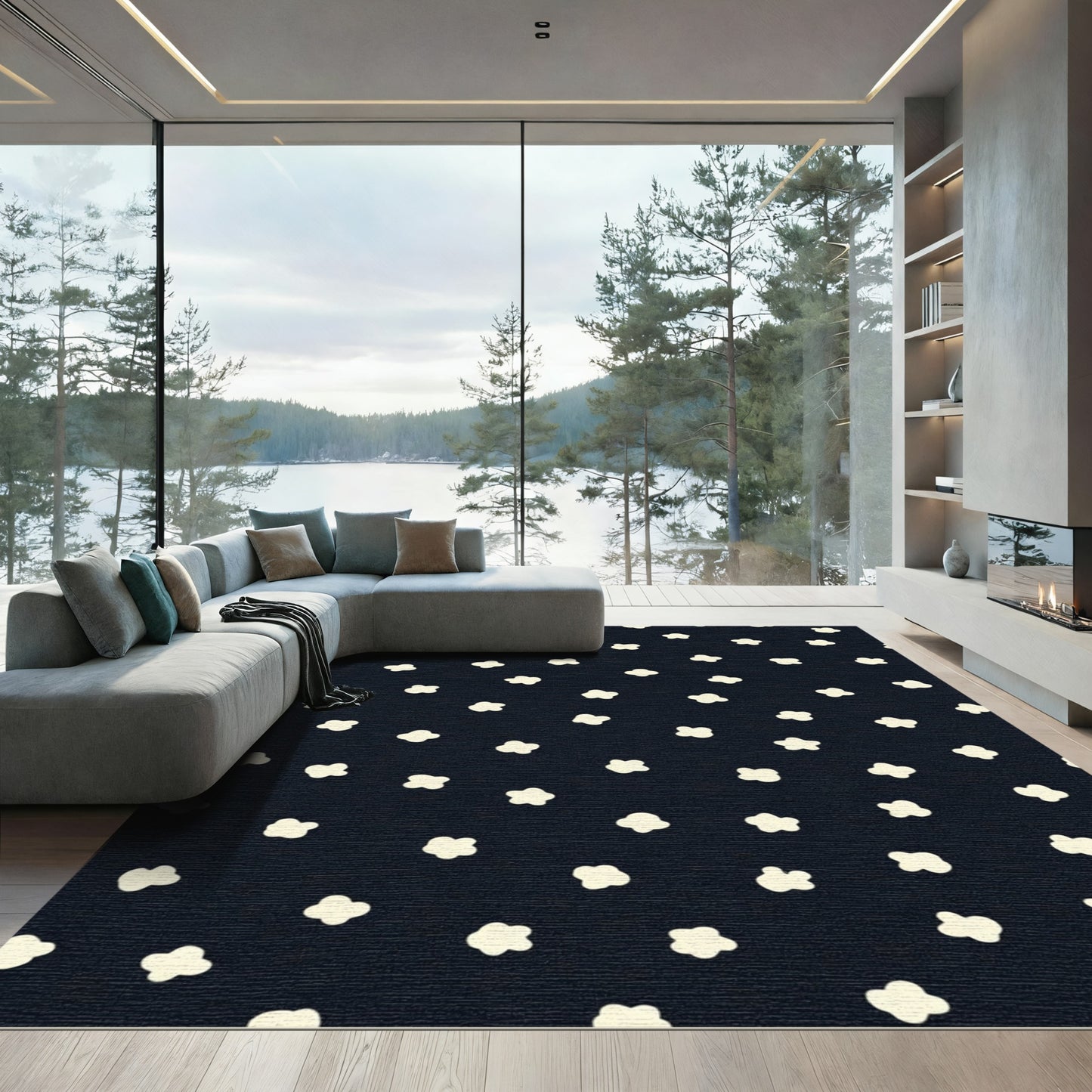 Cream Blossom Scatter Dark Navy Rug