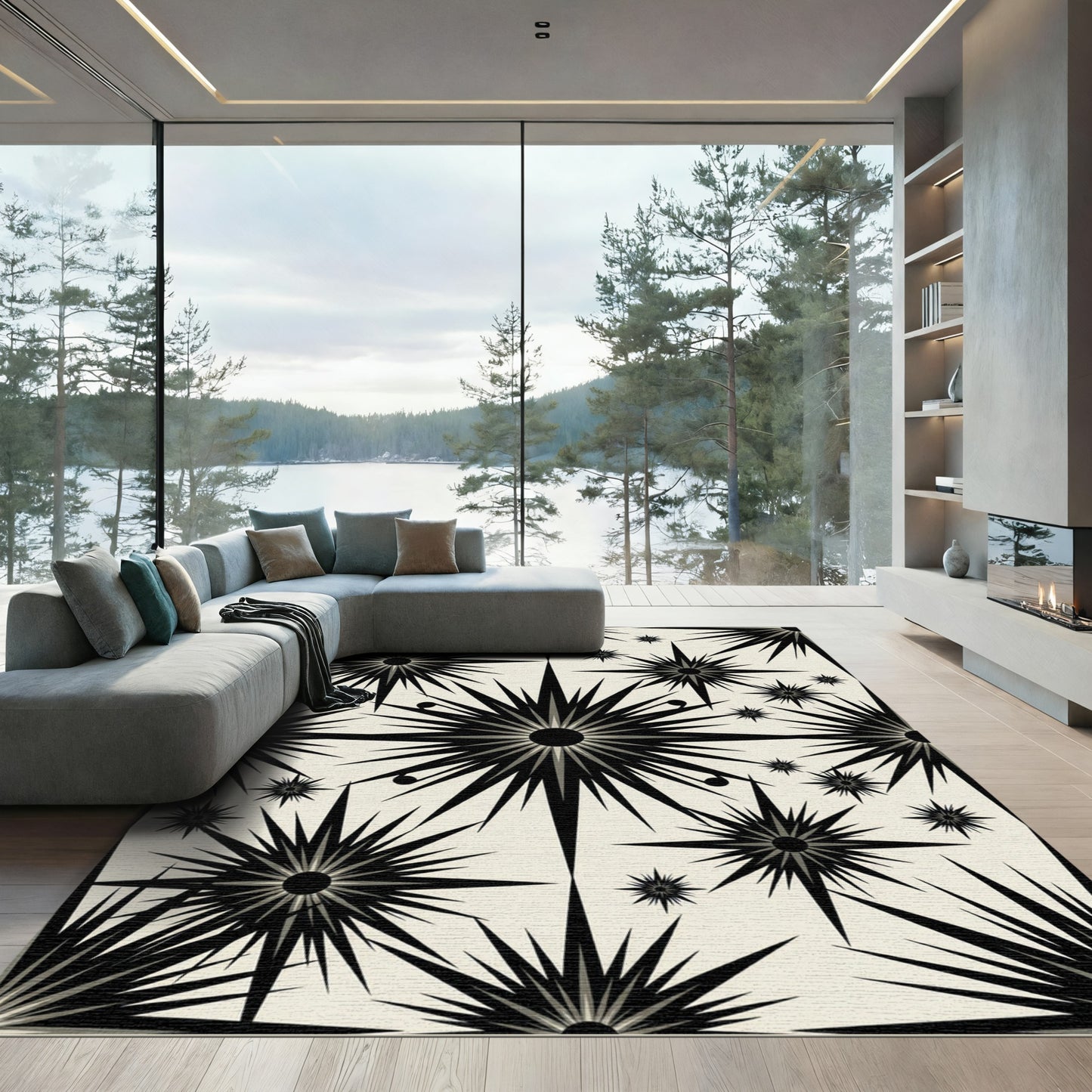 Black Starburst Geometric Square Rug