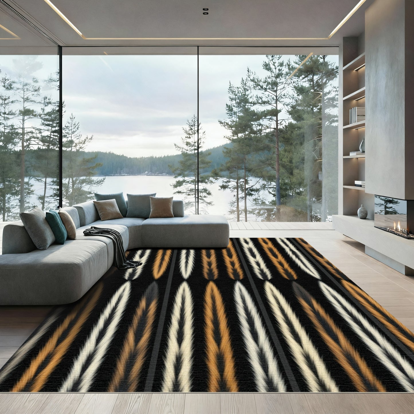 Warm Gold Black Vertical Stripe Rug