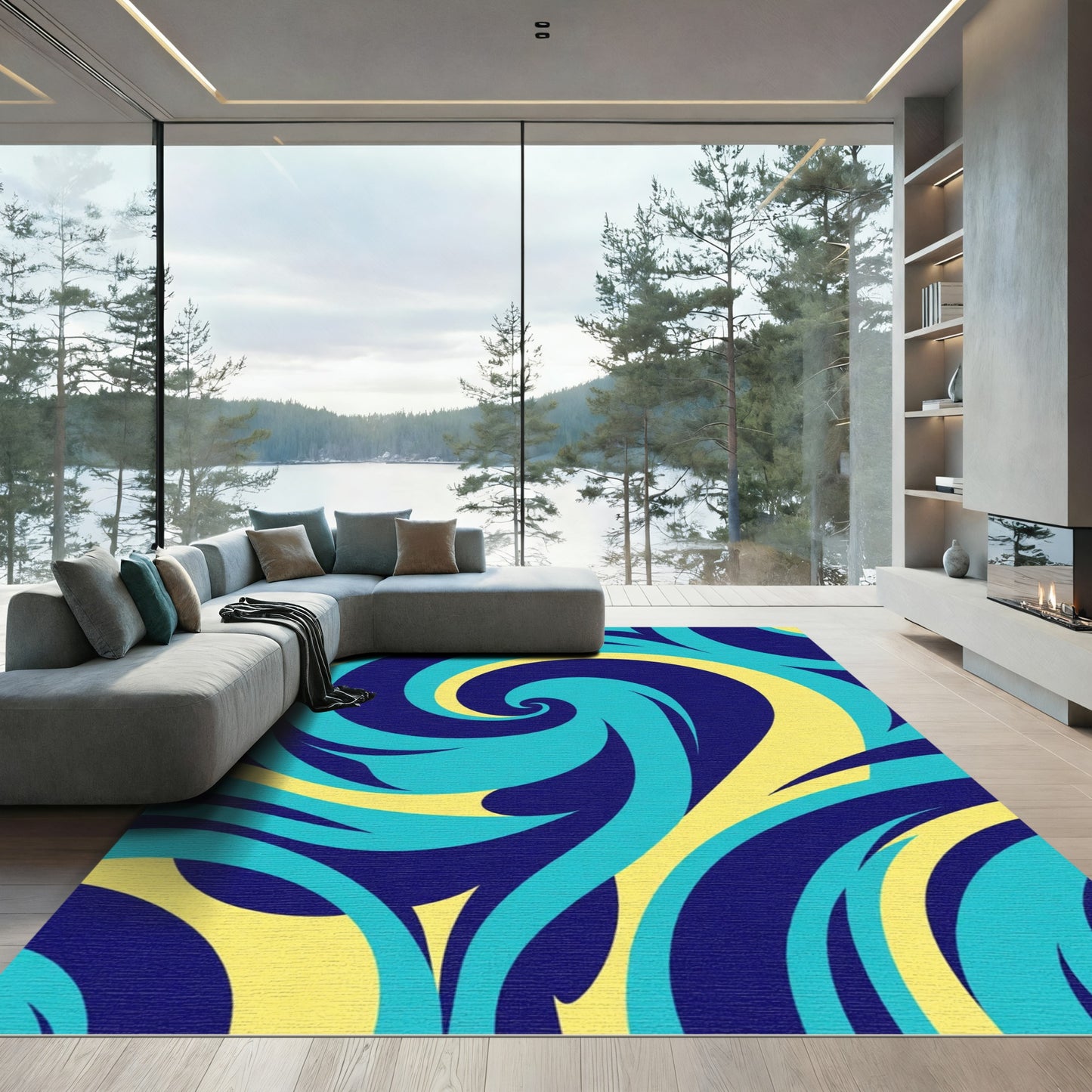 Deep Blue Turquoise Swirl Flow Rug