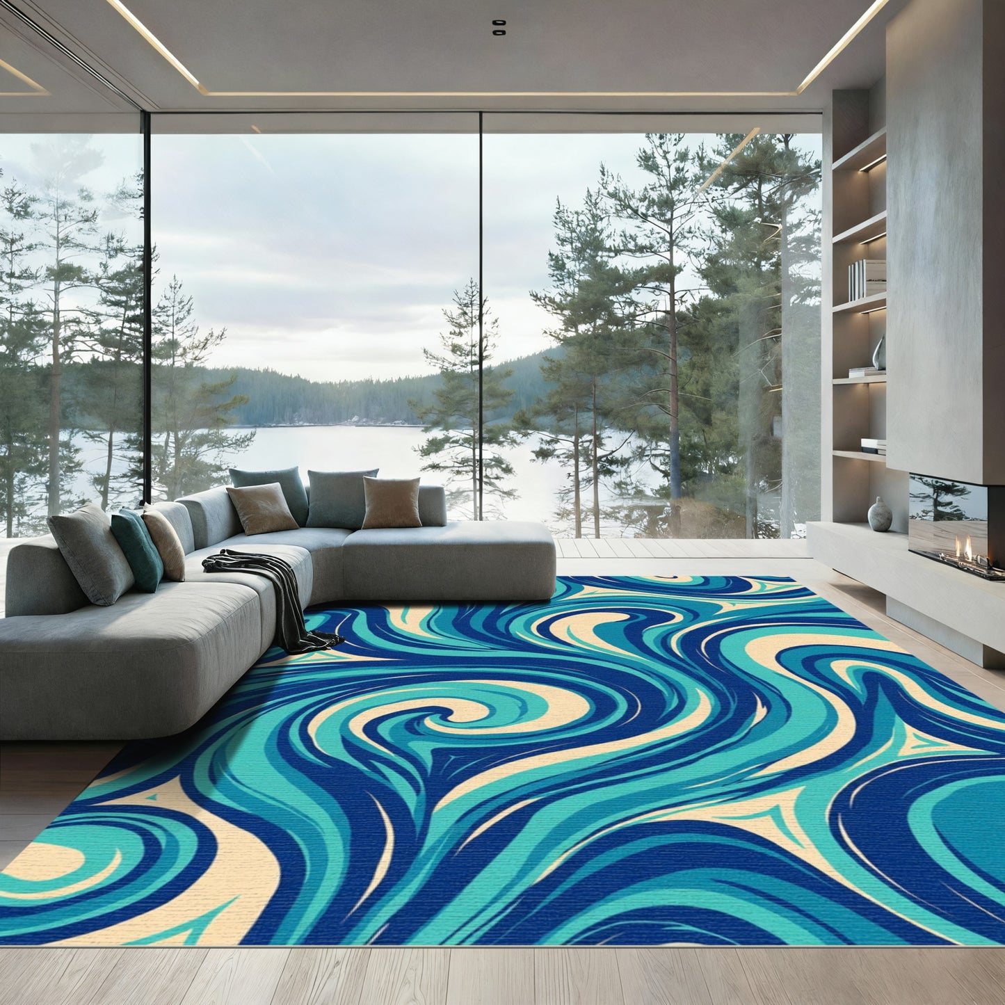 Deep Blue Teal Swirl Abstract Rug