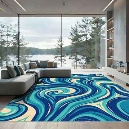 Deep Blue Teal Swirl Abstract Rug