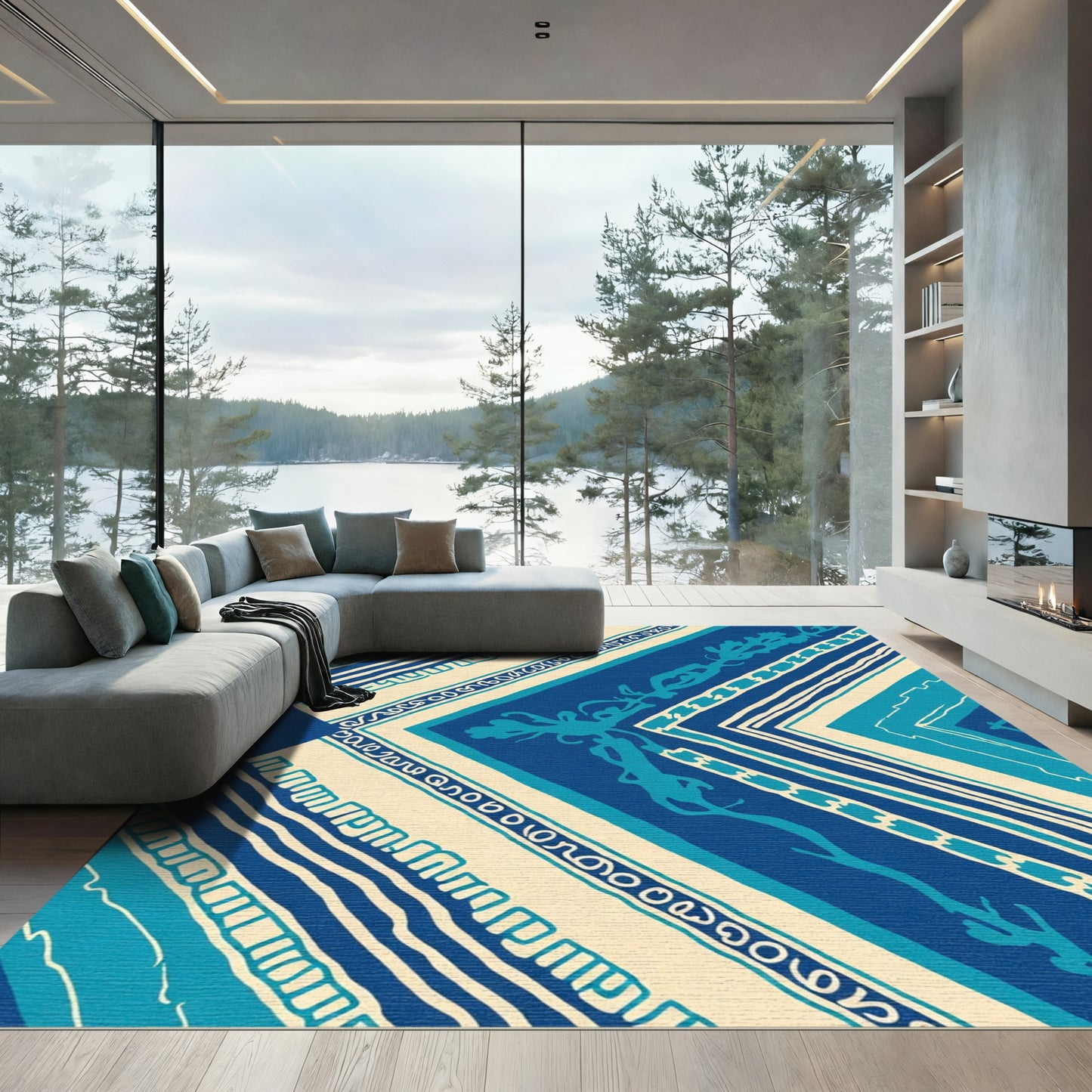 Blue Oceanic Stripes Geometric Forms Rug